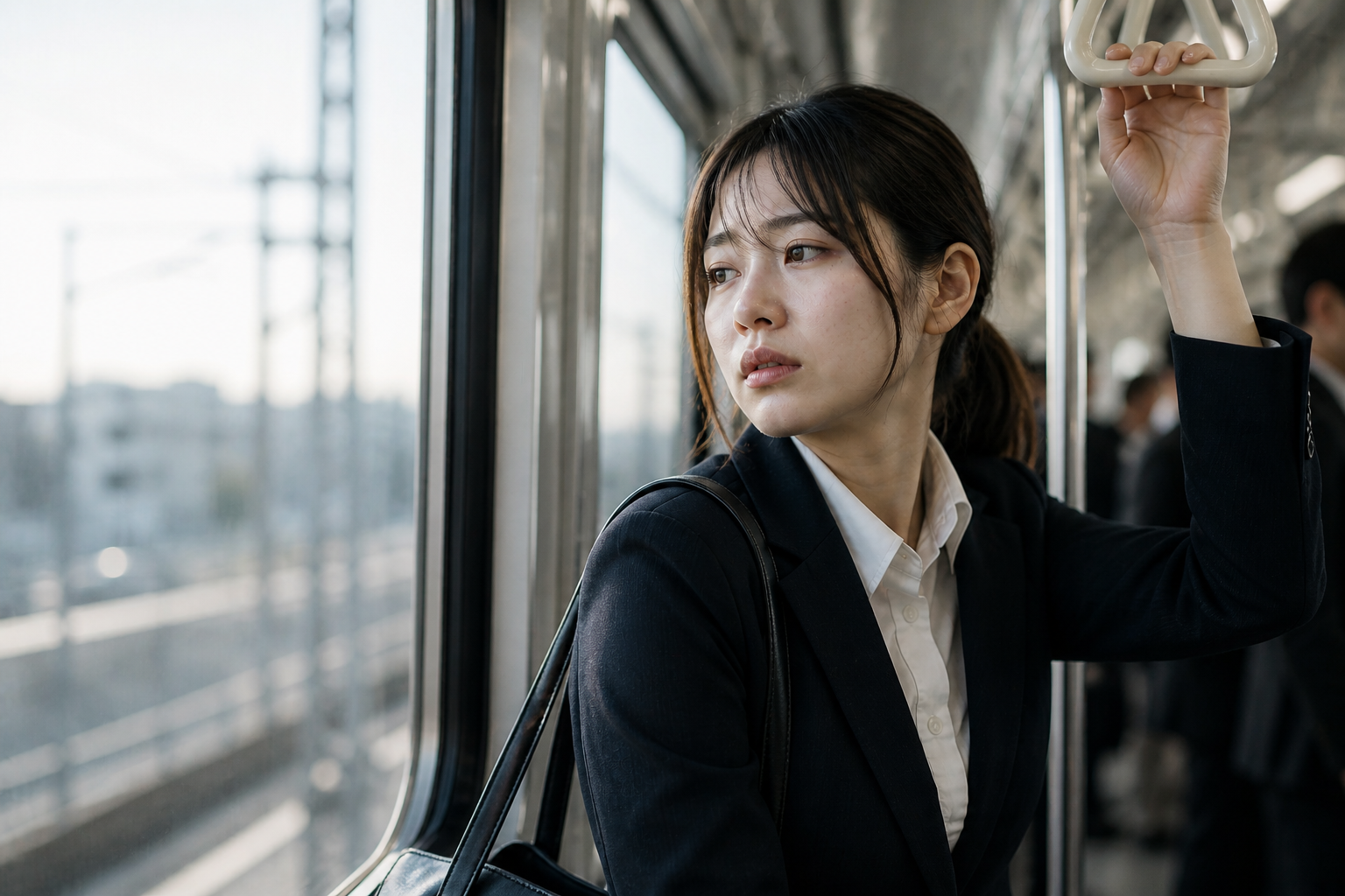 休み明けの通勤電車で不安そうな表情の新人女性会社員