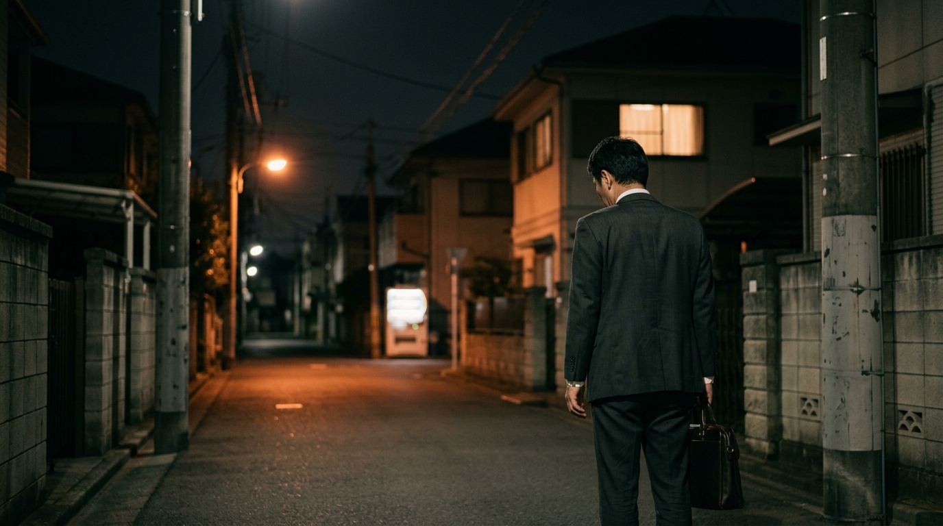 仕事帰りの夜道でひとり立ち止まる男性とオカンの言葉